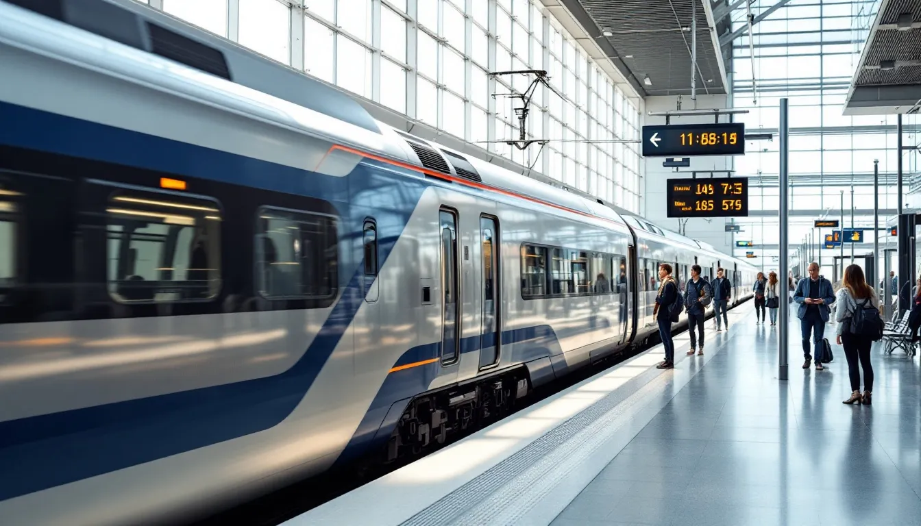 A sleek European high-speed train is stationed at a modern platform, with travelers eagerly waiting to board and embark on their journeys across various countries. The scene captures the essence of train travel in Europe, showcasing the convenience of options like the Eurail Pass for exploring multiple destinations.