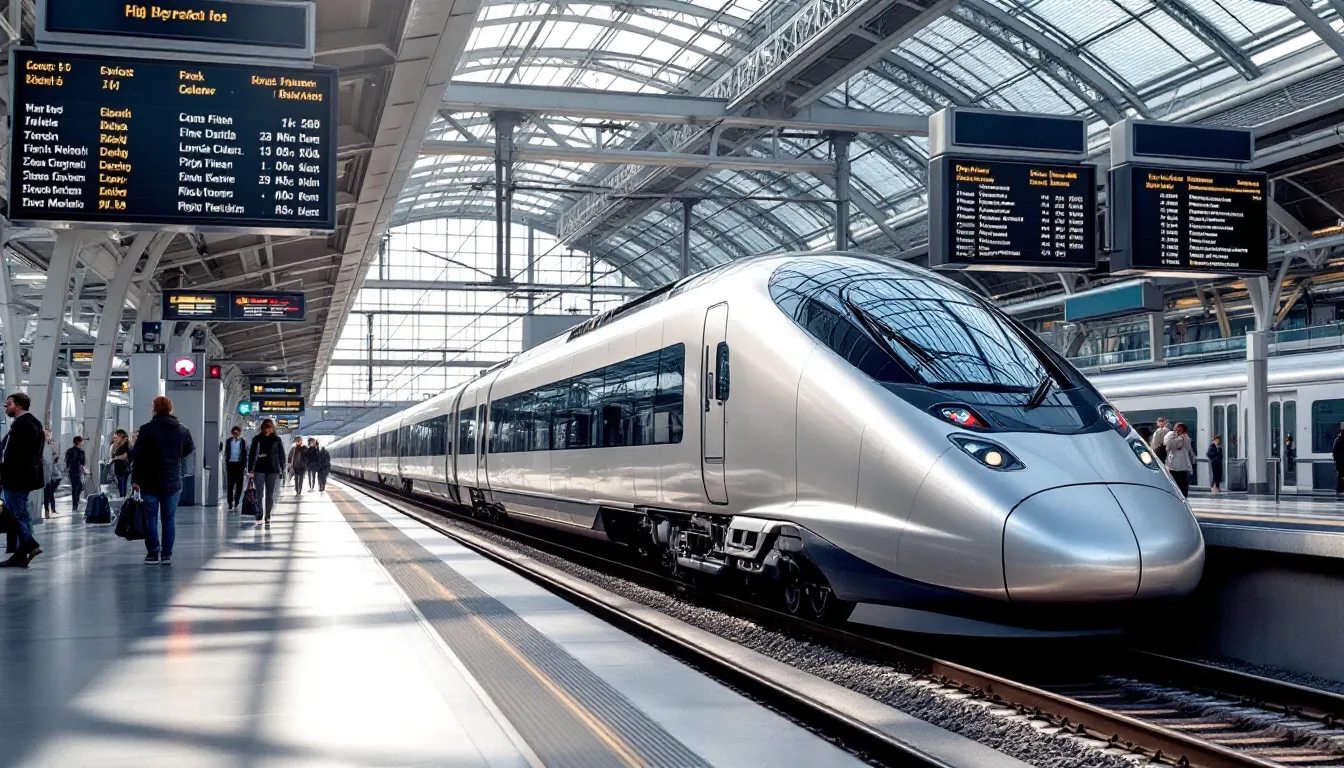 A modern high-speed train is stationed at a bustling European railway station, with departure boards displaying various train schedules. Passengers can plan their journeys using interrail passes for unlimited train travel across multiple countries.