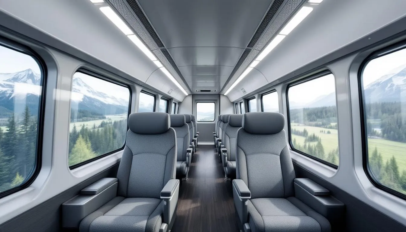Trains in Norway The image shows the interior of a modern Norwegian train, featuring comfortable seating arrangements and large windows that offer gorgeous views of the surrounding landscape. This design enhances the travel experience on the Norwegian railway system, making it ideal for both local and long-distance journeys.