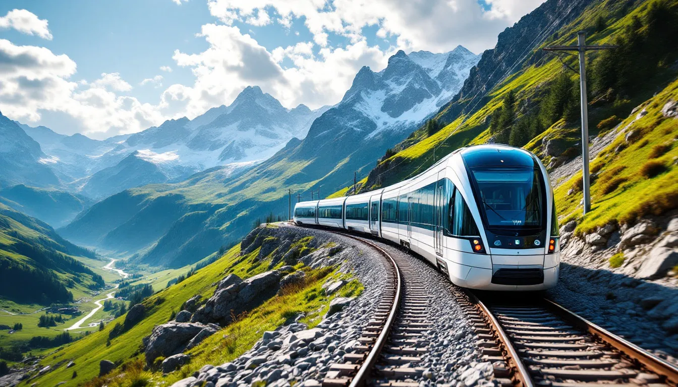 A modern train travels along a scenic mountain railway in the Alps, surrounded by dramatic landscapes and towering peaks. This picturesque route is perfect for those looking to admire the beauty of Europe while enjoying unlimited train travel with an Interrail Pass.