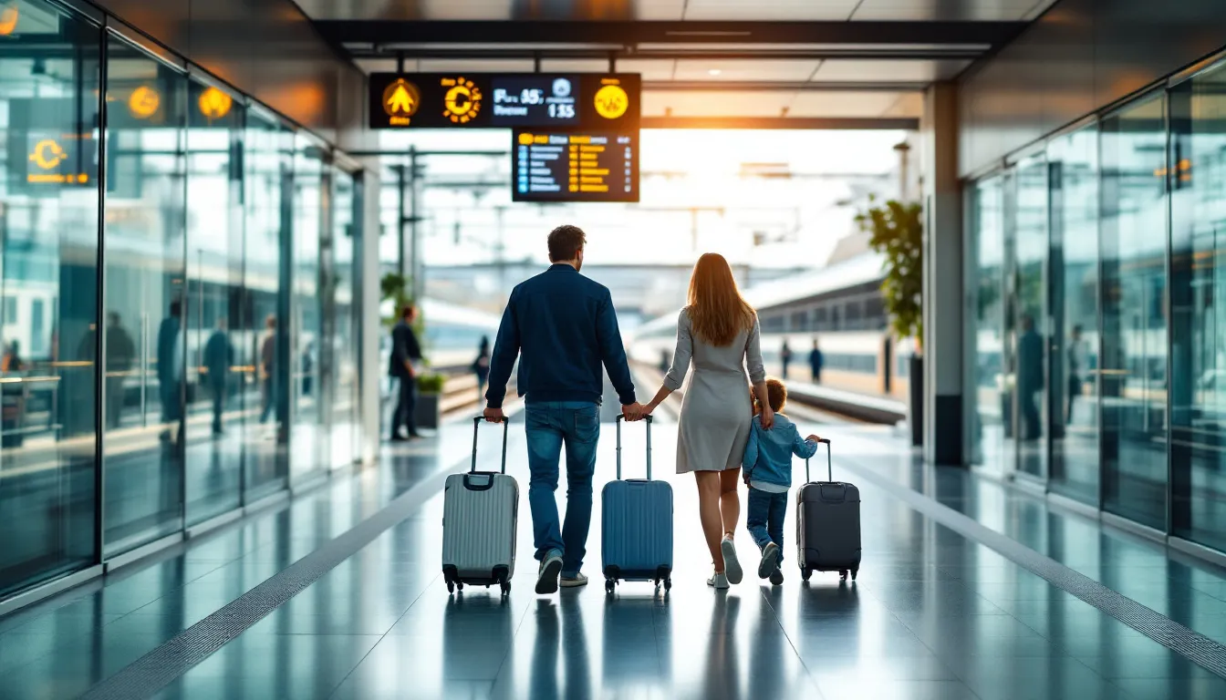 A family with luggage is walking through a modern train station towards their platform, ready to embark on a journey that may involve unlimited train travel across Europe with their Interrail Pass. The bustling environment reflects the excitement of travelers planning their trip to various destinations.