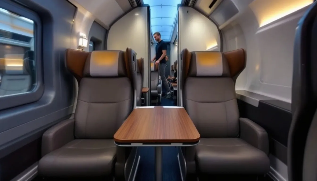 The image depicts the interior of a modern train, showcasing the differences between first and second class seating; the first class area features spacious, plush seats and amenities, while the second class offers more compact seating arrangements. This visual highlights the comfort options available for travelers using rail passes, such as the Eurail Pass, for unlimited train travel across Europe.