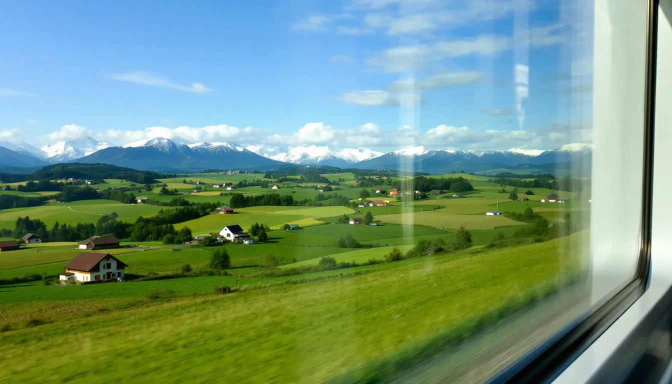 A breathtaking view of the European countryside from a train window reveals rolling mountains and lush valleys, inviting travelers to explore with a Eurail Global Pass for unlimited train travel across participating countries. The scene captures the essence of picturesque landscapes, perfect for those planning their next adventure through Europe.