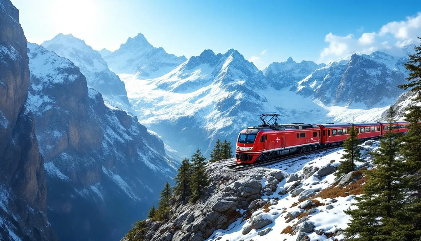 Trains in Norway A Norwegian train travels through a breathtaking mountain landscape, surrounded by dramatic snow-capped peaks, showcasing the stunning beauty of Norway's railway network. This scenic journey highlights the local trains that connect larger cities, offering passengers spectacular views of the country's rugged terrain.